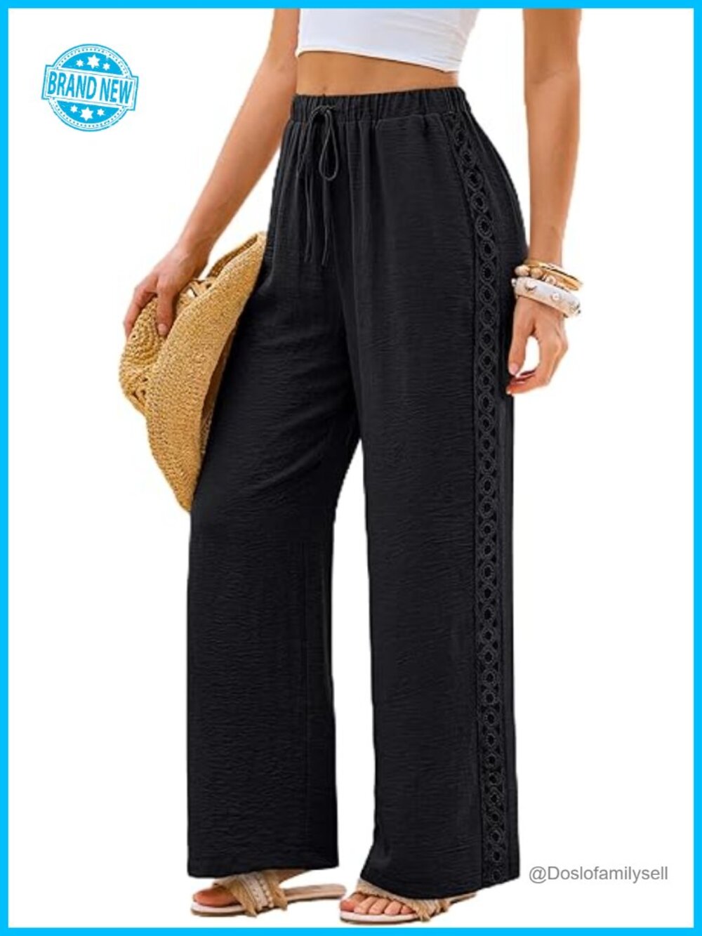 Flowy Lace Palazzo Wide Leg Pants with Pockets Elastic Waist Summer Beach